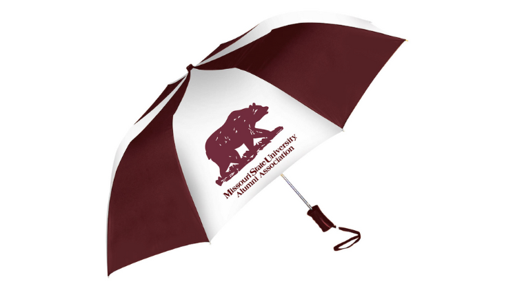 Maroon and white Missouri State University Alumni Association Umbrella with a walking bear