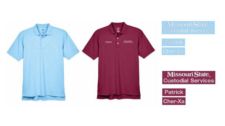 Blue and maroon Missouri State Custodial Services collared shirts 